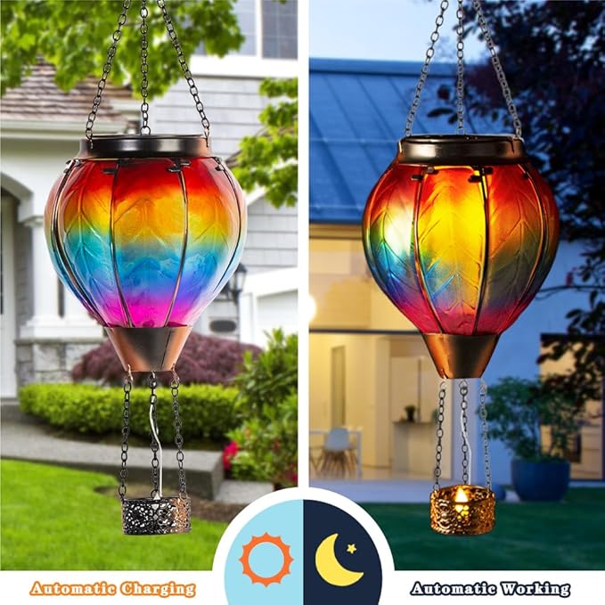 Starsoul 2 PC Rainbow Hot Air Balloon Solar Lantern with Flame Glass Outdoor Hanging Hot Air Balloon Solar Light Waterproof Garden Patio Yard Party Decorations-VerdiqueGarden