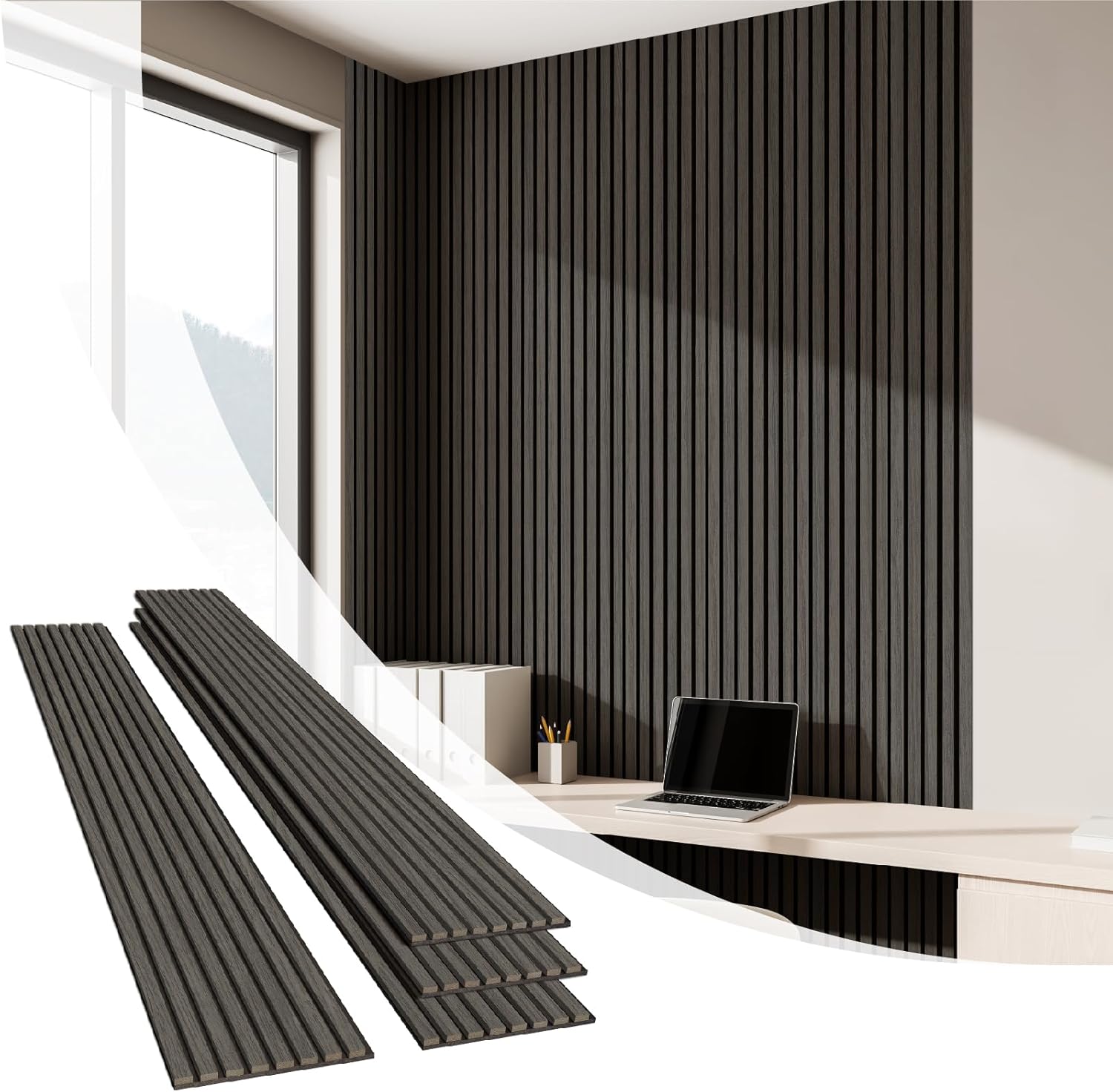 Olanglab Wood Slat Wall Panels 4 Pack, Wooden Acoustic Wall Panels, 94.5"x12.6" Each 3D Wall Panels for Interior Wall Decor (Black-Extendo Trio)-VerdiqueGarden