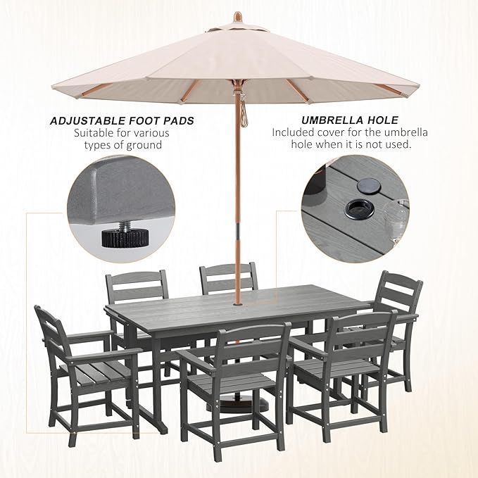 7pcs Outdoor Dining Set, HDPE Patio Dining Set for 6, All-Weather Outdoor Table and Chairs with Umbrella Hole & Adjustable Pads, Modern Patio Furniture Set for Backyard, Poolside &Lawn (Grey)-VerdiqueGarden
