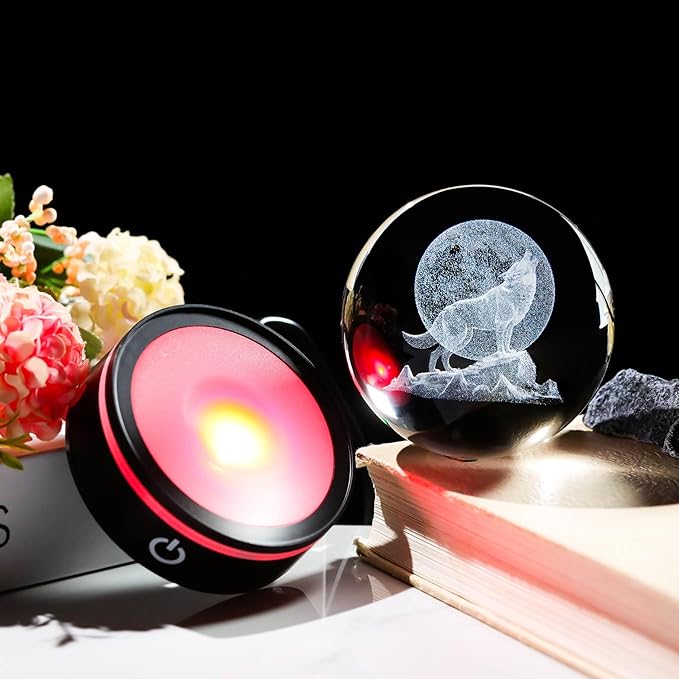 YWHL 3D Crystal Ball Moon Wolf Figurine with Colorful LED Base, Laser Wolf Gifts for Women Men Wolves Lovers on Christmas Birthday, Wolf Statue Glass Animal Decorative Ball for Home Decor (80mm)-VerdiqueGarden