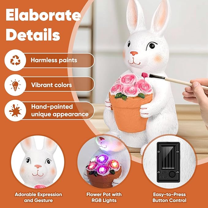Brightever Solar Powered Outdoor Garden Statues- Rabbit with Flowers and 5 Colorful LED Lights, 11.8IN Outdoor Figurine Lights, Solar Garden Bunny Statue for Easter Decor, Gifts for Mom, Housewarming-VerdiqueGarden
