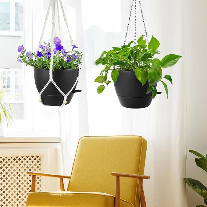 10 inch Self Watering Hanging Planters, 2 Pack Hanging Baskets for Indoor Outdoor Plants, Hanging Flower Pots with Drainage Holes & 2 Kinds of Plant Hangers for Garden Home Decor, Black-VerdiqueGarden
