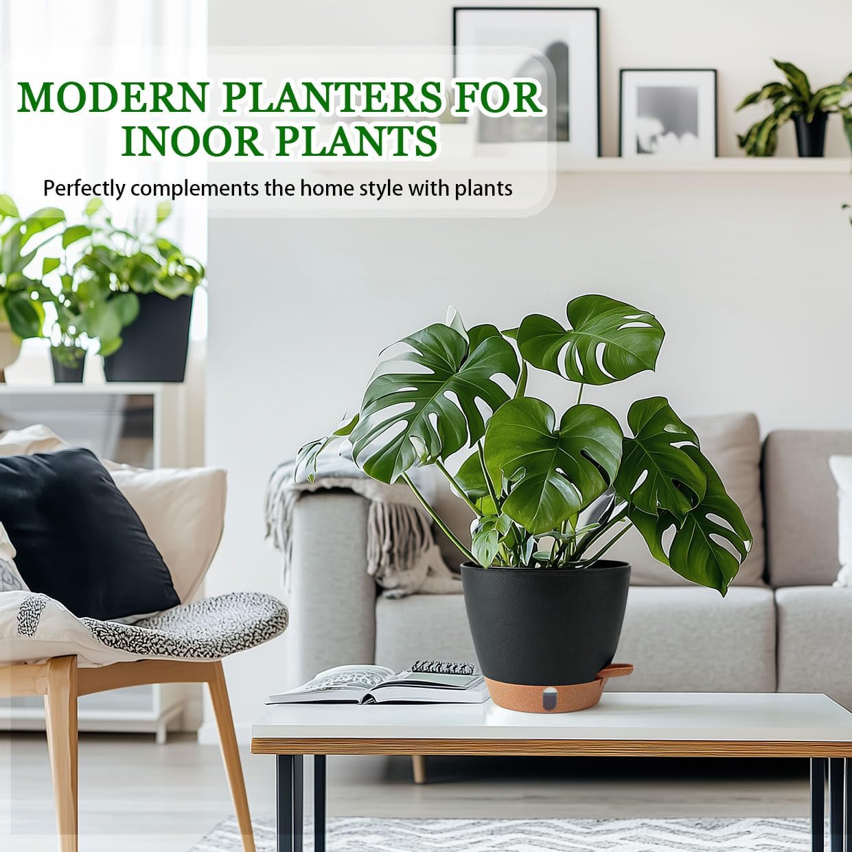 2 Pack 8 Inch Pots for Plants Indoor, Plastic Self Watering Planters with Drainage Holes, Water Level Indicator & Deep Reservoir, Decorative Flower Pots Indoor Outdoor Use (Black-VerdiqueGarden