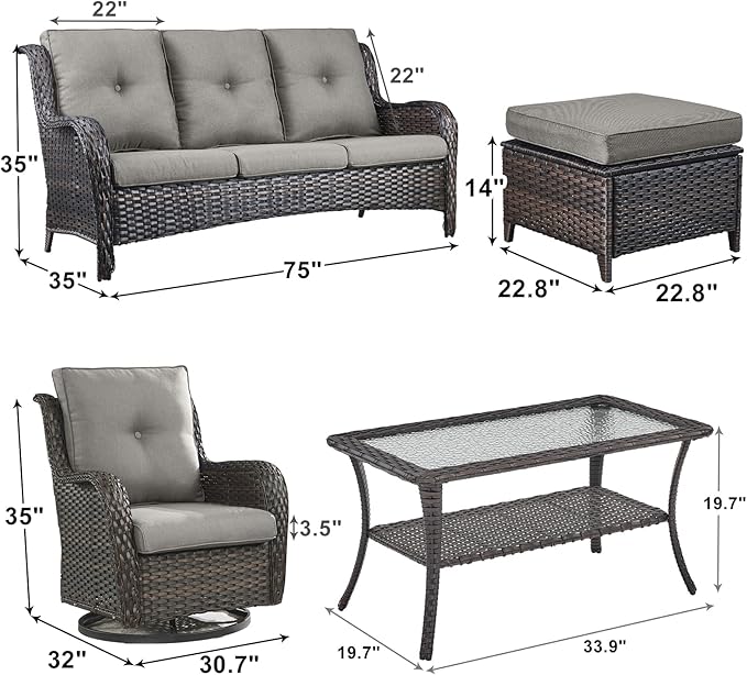 Outdoor Wicker Patio Furniture Set - 6 Piece Rattan Patio Conversation Set with 2 Rocking Swivel Chairs,2 Ottomans,1 Sofa and 1 Coffee Table for Porch Deck Backyard Garden(Brown/Grey)-VerdiqueGarden