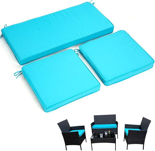 3-Pack Outdoor Patio Furniture Replacement Cushions Set–High-Elastic Sponge Cushions Fit 4-Piece Wicker Rattan Sofa, Loveseat & Chairs, 36x18x2 & 18x18x2, Waterproof, Fade-Resistant (Lake blue)-VerdiqueGarden
