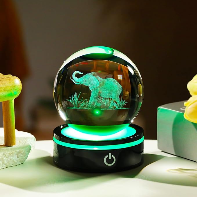 YWHL 3D Elephant Figurine Crystal Ball with Colorful Light Base, Elephant Gift for Women and Men on Christmas or Birthday, 3D Laser Engraved Full Sphere Glass Decorative Ball for Home or Office (80mm)-VerdiqueGarden