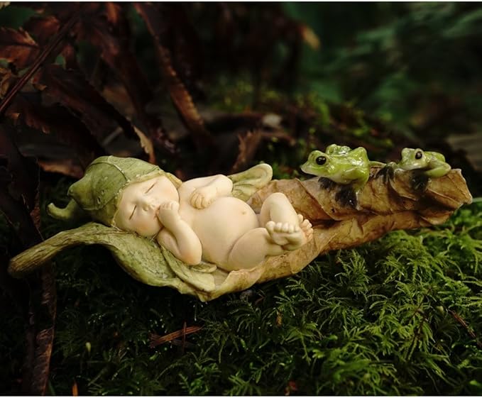 Top Collection Miniature Fairy Garden and Terrarium Statue, Sleeping Fairy Baby with Frogs-VerdiqueGarden