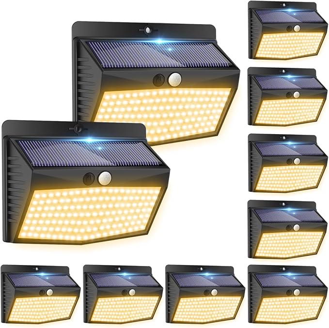 Solar Motion Sensor Outdoor Lights [138 LED/10 Packs] Solar Security Lights Outdoor with 3 Lighting Modes Solar Powered Lights Waterproof for Outside Wall Garden Fence Backyard Deck（Warm White-VerdiqueGarden