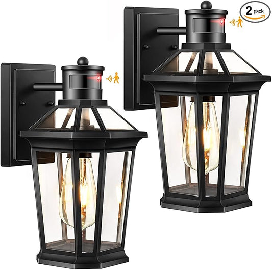 VIANIS Black 2 Pack Outdoor Lights for House, Dusk to Dawn Porch Light Lantern, Exterior Lighting for House Wall Mount, Motion Sensor Light Outside for Garage, Brightness Distance Adjustable-VerdiqueGarden