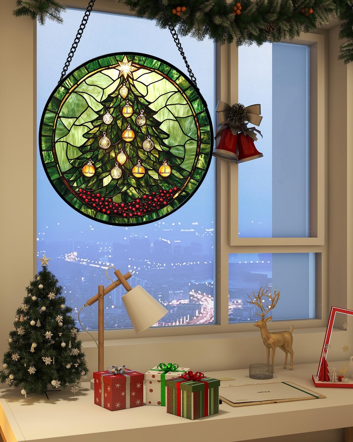Stained Glass Window Hanging - Green Christmas Tree Golden Bells Suncatcher for Doors Home Christmas Decoration Sun Catcher Thanksgiving New Year Birthday Gift for Women Men Mom Nana 7.8 in-VerdiqueGarden