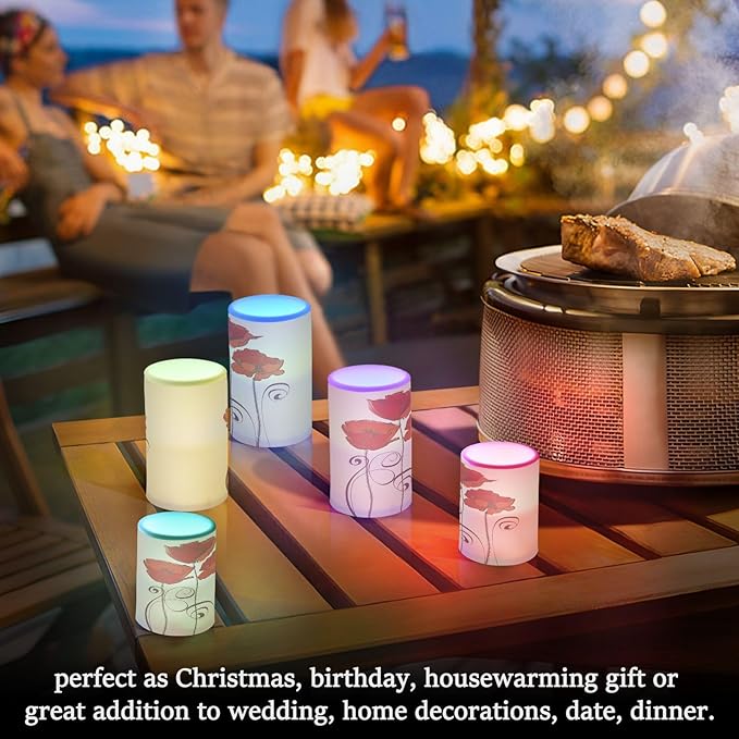 Flickering Flameless Candles, Red Poppy Flowers Retro LED Candles with Remote Timer, Set of 2 Battery Operated Candle for Valentine Wedding Birthday-VerdiqueGarden