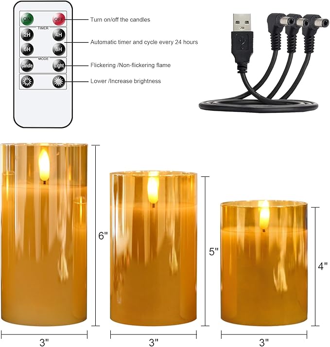 Rechargeable Candles Flickering with Remote, Rechargeable Flameless Candles with Timer, LED Candles Battery Operated with 3D Wick and Charging Cable for Valentine's Day Home Decor(Gold)-VerdiqueGarden