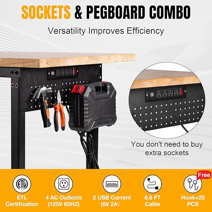 Height Adjustable Workbench 60”×22” Heavy Duty Work Table 2000 LBS Load Capacity Rubber Wood Work Station with Power Outlet & Pegboard for Garage, Office, Workshop, Home, Party Shop-VerdiqueGarden