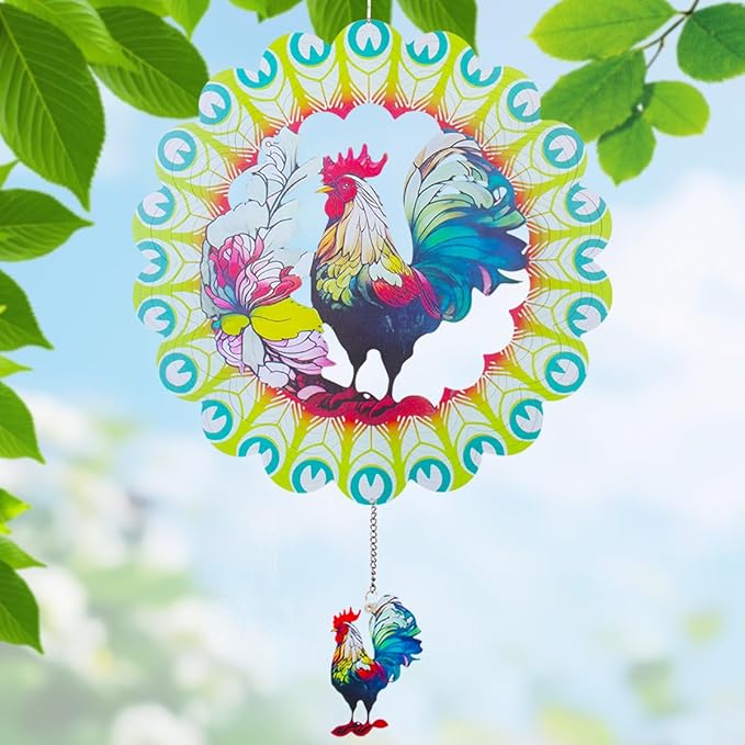 Wind Spinners Outdoor, FACIACC Rooster Metal 3D Hanging Garden Decor, 12-inch Stainless Steel Wind Spinner with Tail Spinner, Wind Sculptures for Indoor Patio Lawn Yard, Ornament Gift for Women/Men-VerdiqueGarden