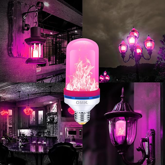 OMK 【Upgraded Pink Smaller LED Flame Light Bulbs - Flickering Light Bulbs with Gravity Sensing, E26 Base Fire Light Bulb, Indoor Outdoor Light Bulbs, Holiday Christmas Vintage Flame Bulb Decorations-VerdiqueGarden