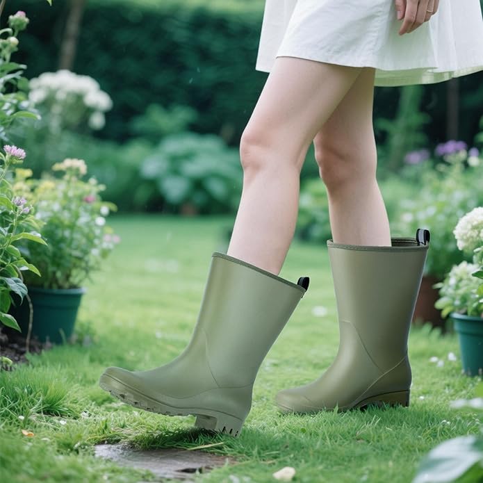 Mid Calf Rain Boots Women Waterproof PVC Womens Rubber Rain Boot Seamless Rain Footwear Outdoor Garden Work Walking-VerdiqueGarden