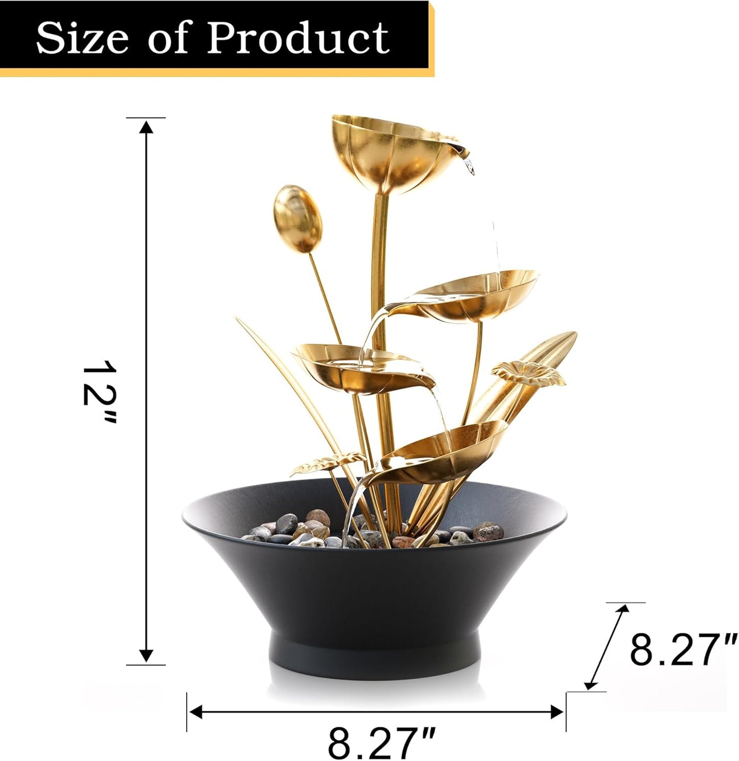 Tabletop Water Fountain, Indoor Waterfall Meditation Fountain with Golden Lotus Modeling & Natural Rocks, Home Decor for Office, Bedroom-VerdiqueGarden