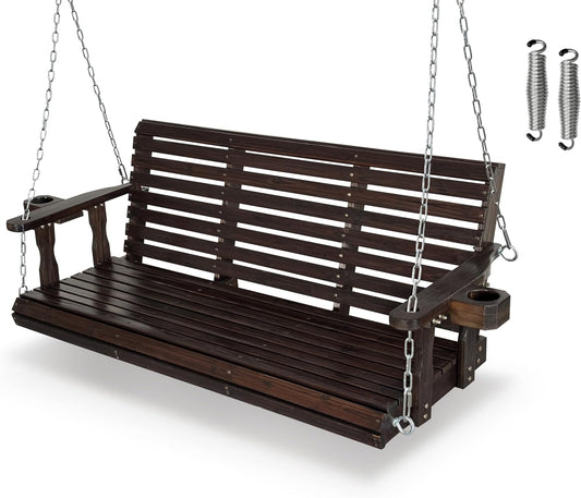 Fortune Candy Wooden Porch Swing 3-Seater, High Backrest and Deep Seat, Bench Swing with Cupholders, Hanging Chains and 7mm Springs, Heavy Duty 880 LBS (Deep Brown, 5 FT Extra Large)-VerdiqueGarden