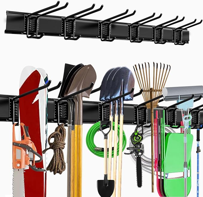 Garage Storage Rack Hooks, 48 Inch Heavy Duty Wall Mount Garage Organization with 3 Rails and 6 Adjustable Double Wall Hooks,Hanging Shelves for Garden Tool/Broom/Mop(Black)-VerdiqueGarden
