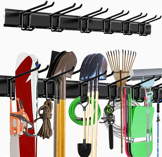 Garage Storage Rack Hooks, 48 Inch Heavy Duty Wall Mount Garage Organization with 3 Rails and 6 Adjustable Double Wall Hooks,Hanging Shelves for Garden Tool/Broom/Mop(Black)-VerdiqueGarden