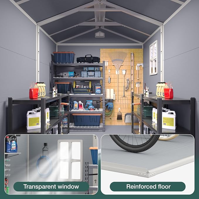 Storage Shed Plastic Outdoor Storage Shed Waterproof Container House with Lockable Door and Transparent Window for Garden, Lawn, Backyard, Patio (6x8FT)-VerdiqueGarden