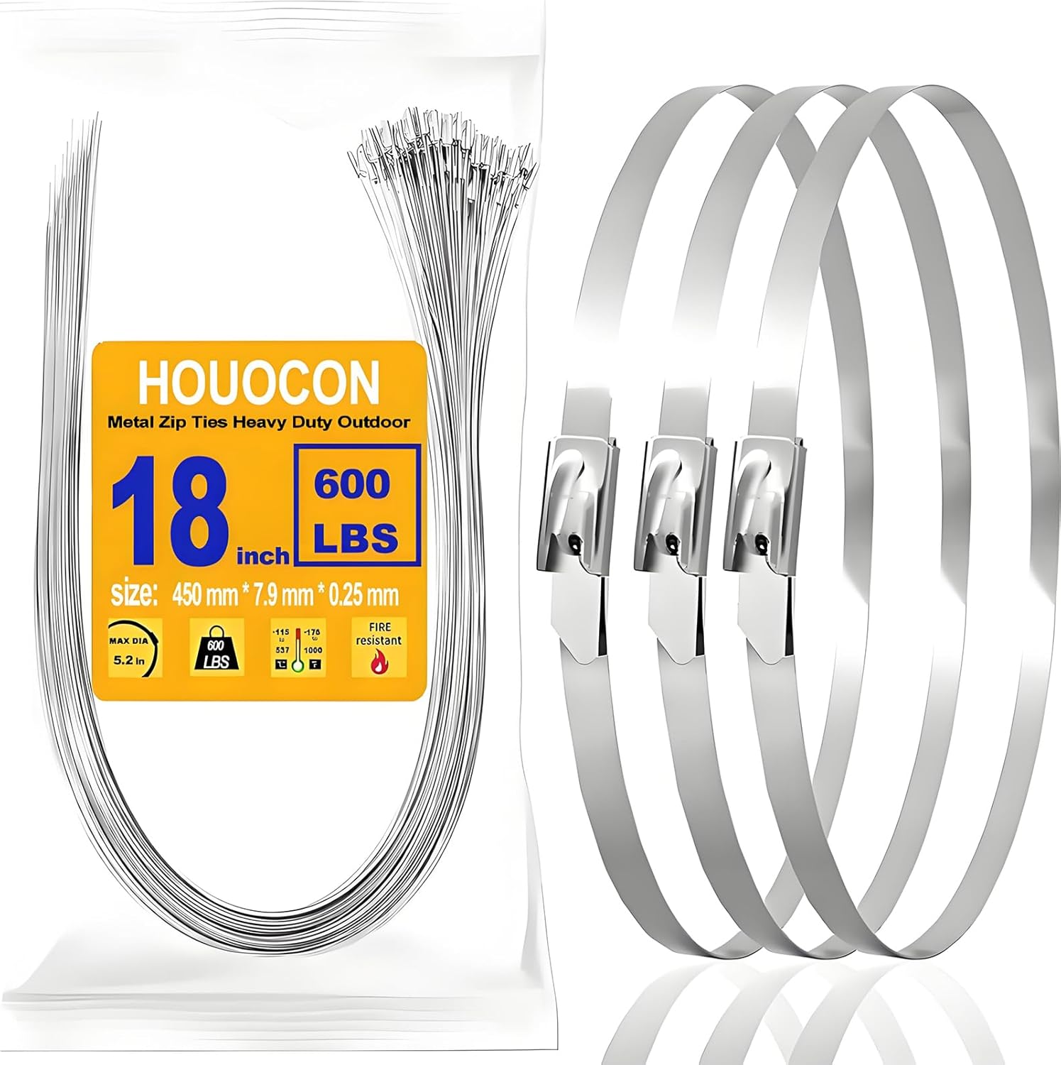 Wide Metal Zip Ties Heavy Duty Outdoor, 80 Pcs 600 Lbs 18 Inch Stainless Steel Zip Ties, Self-Locking Metal Cable Ties, Strength, Ideal for Exhaust Wrap, Cables, Farms, Pipes, Roofs, and Fence-VerdiqueGarden