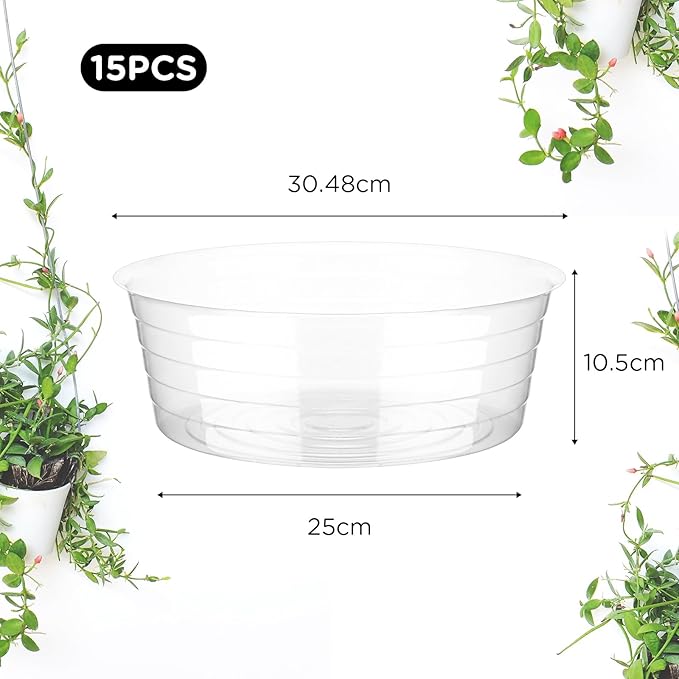 Hoolerry Plastic Plant Saucer Clear Deep Drip Tray Thickened Clear Plant Saucers Trays for Pots Deep Drip Trays for Home Garden Indoor and Outdoor Potted(15 Pcs,12 Inch)-VerdiqueGarden