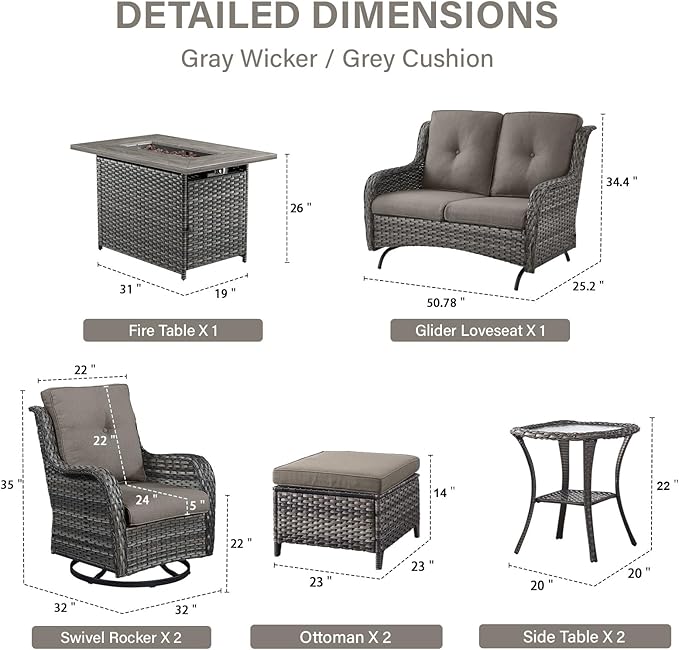 8 Piece Outdoor Patio Furniture Set - 41" CSA Propane Fire Pit Table Patio Conversation Set with Swivel Rocker Outdoor Chairs, Wicker loveseat and Ottoman for Outside Casual Gathering-VerdiqueGarden