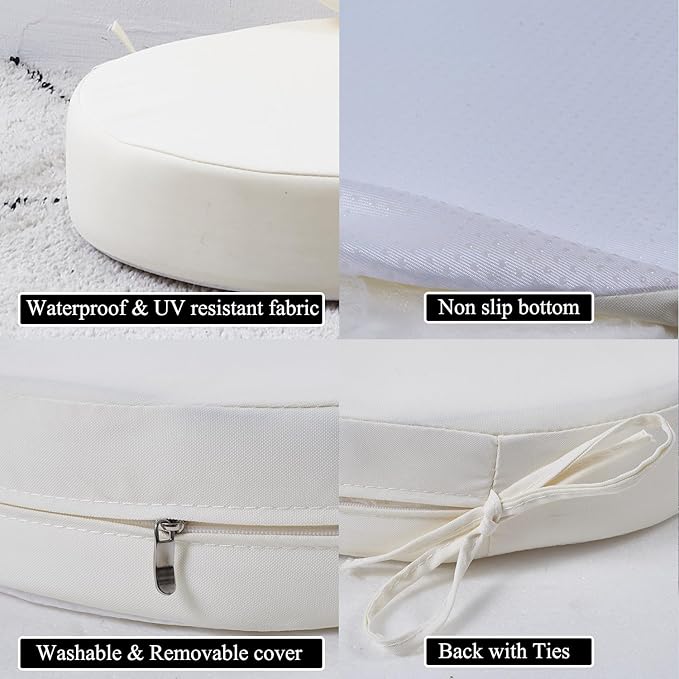 15 x 15 Inch Round Cushions for Outdoor Furniture Non-Slip Waterproof Patio Bistro Chair Cushion with Ties Bar Stool Seat Cushion for Kitchen Chairs Set of 2, Beige-VerdiqueGarden