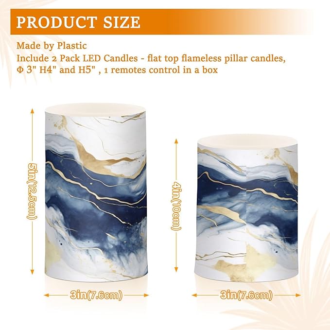 Flickering Flameless Candles, Drak Blue Golden Marble LED Candles with Remote Timer, Set of 2 Battery Operated Candle for Valentine Wedding Birthday-VerdiqueGarden