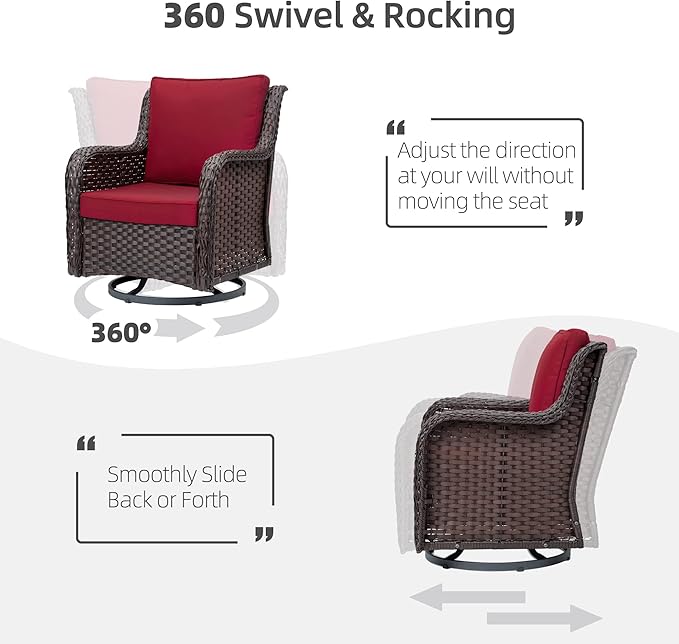 Towallmark Outdoor Swivel Wicker Glider Patio Chairs with Table Set, 3 Pieces Outdoor Bistro Set with 4”Thick Cushions and Coffee Table for Porch, Balcony, Deck (Red)-VerdiqueGarden