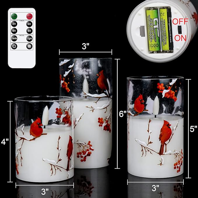Red Bird Glass Battery Operated LED Flameless Candles with Remote Timer, Real Wax LED Candles Warm Color Flickering Light for Festival Wedding Home Party Decor(Pack of 3, 3”x4”5”6”)-VerdiqueGarden