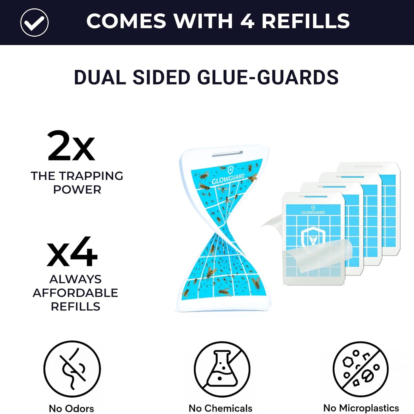 GlowGuard Cordless Flying Insect Trap Catches Fruit Flies, Indoor Gnat Killer, Magnet for Moths & Mosquitos in Dark, 1 Rechargeable Trap + 4 Dual-Sided Sticky Pad Refills, 30Hr 5000mAh Battery (Black)-VerdiqueGarden