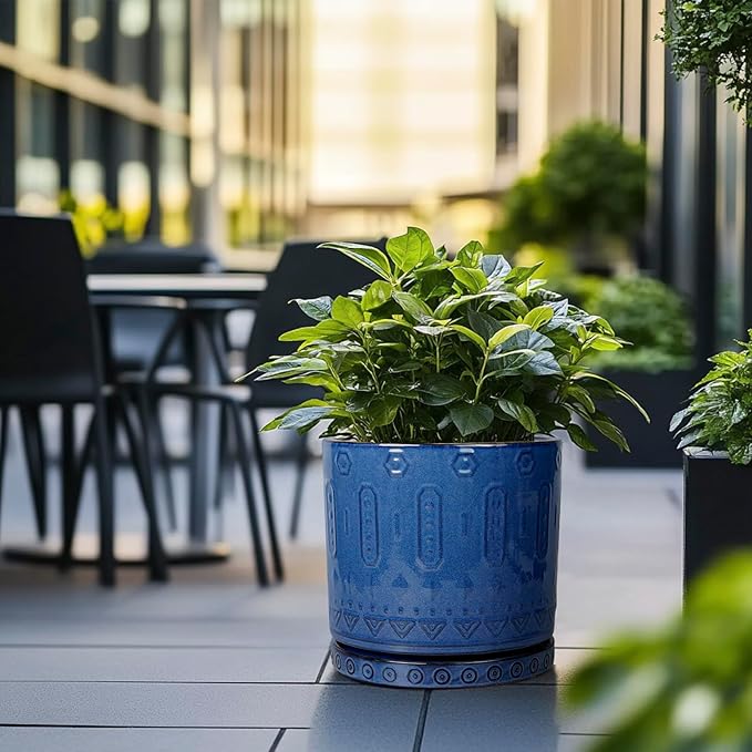 12 Inch Pot for Plants - Ceramic Planter for Indoor Plants Large Plant Pot with Drainage Holes and Saucer Outdoor Flower Pot Decorative Round Planter for Porch Office Decor Blue-VerdiqueGarden