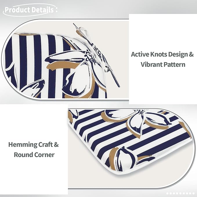 Indoor/Outdoor Chair Cushions 16x17 Inch, Patio Chair Cushions with Ties, All Weather Seat Cushions for Patio Furniture Home Garden Chair Use, Set of 4, Clemens Cabana Navy-VerdiqueGarden