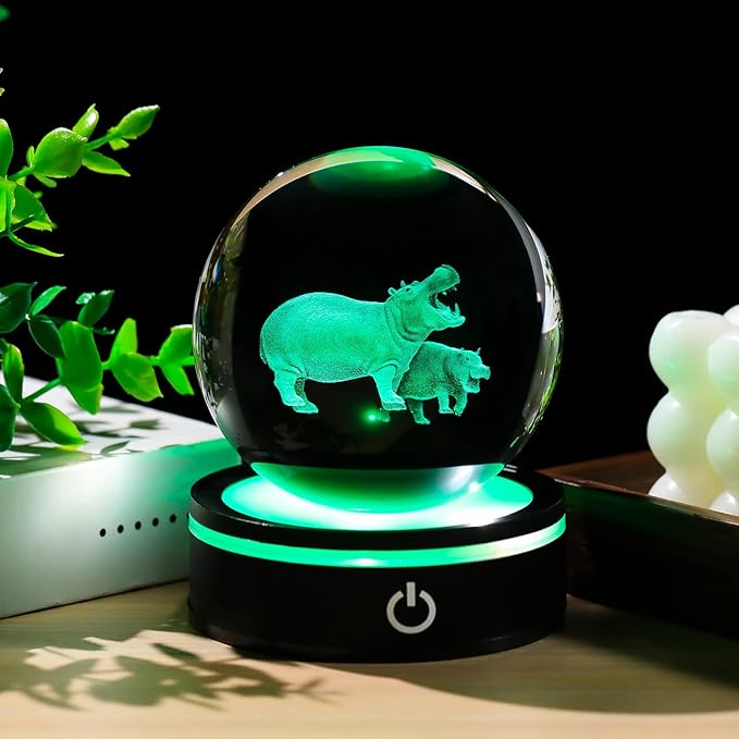 YWHL 3D Hippo Crystal Ball Figurine with LED Base Laser Hippopotamus Gifts for Women Men on Christmas Birthday Decorative Hippo Ball Glass Hippopotamus Globe Night Light for Home Decor (80mm)-VerdiqueGarden