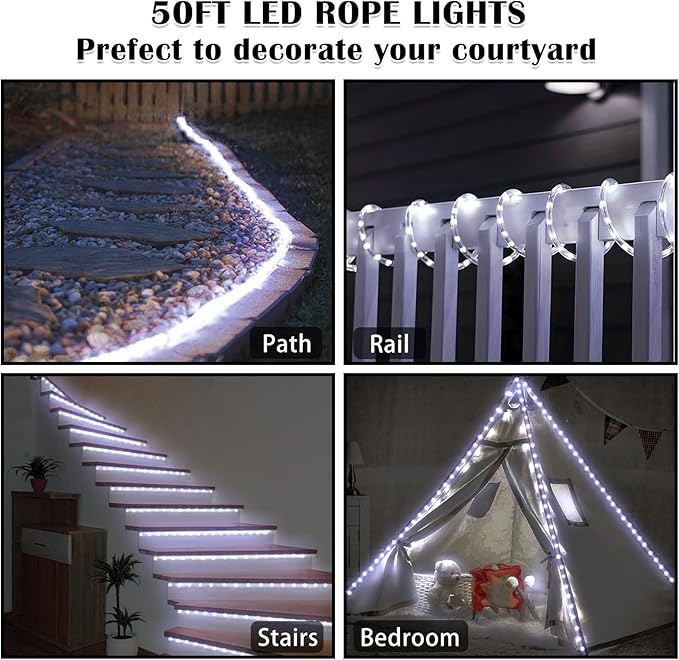 50Ft 600 LED Rope Lights Outdoor, White Flexible Tube Light Waterproof Plug in 8 Modes Timer Memory, Permanent String Lights for Tree,Pool, Bedroom, Fence, Garden, Indoor, Outside Decorations-VerdiqueGarden