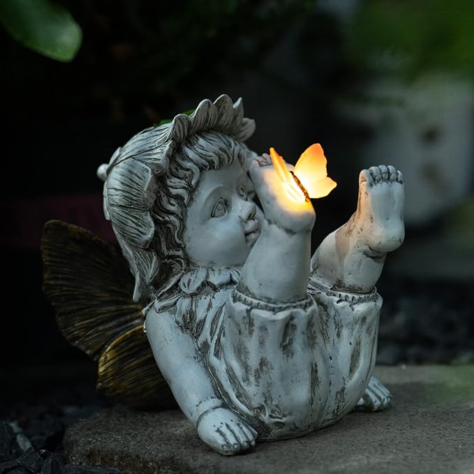Garden Fairy Outdoor Solar Decor, Resin Ornaments for Patio Lawn Yard Porch, Playful Garden Flower Fairy Statues for Outside Angel Gifts, 7.91 Inches Tall-VerdiqueGarden
