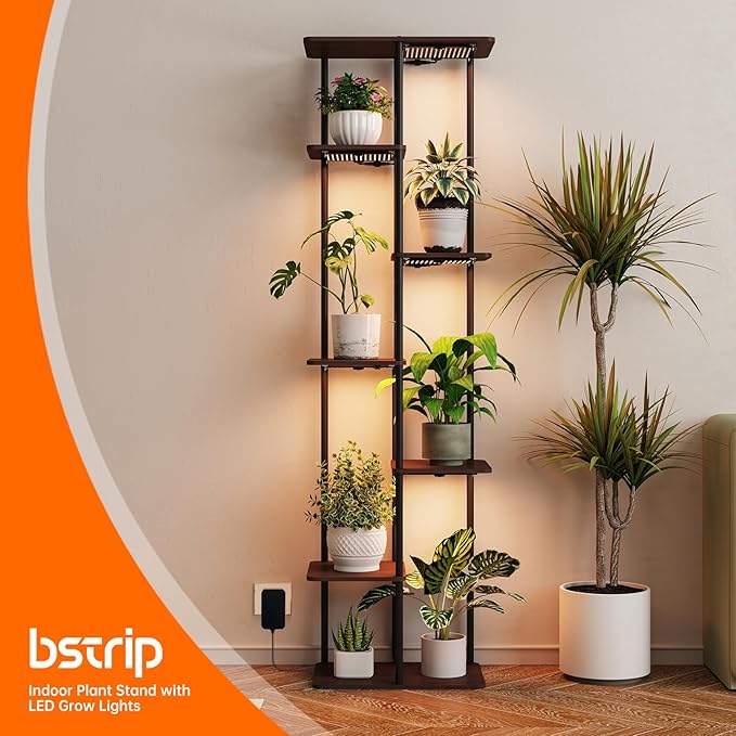 Indoor Plant Stand with Grow Lights , 7 Tier Corner Wooden Tall Grow Light Stand for Indoor Plants , Full Spectrum Dimmable 50W(5x10W) LED Grow Light Panel with Timer for Garden , Living Room-VerdiqueGarden