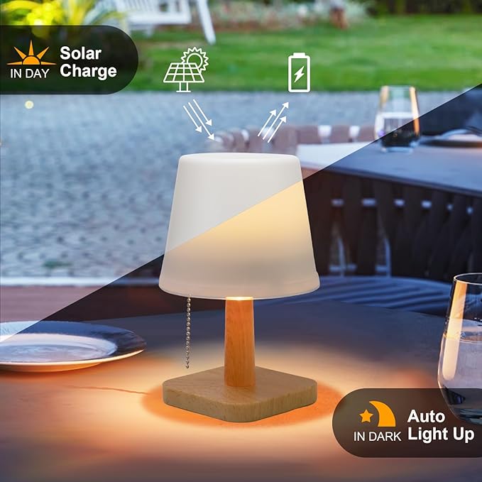 pearlstar Solar Table Lamp Outdoor - 2 Pack LED Waterproof Cordless Solar Desk Lamp with Pull Chain 2 Lighting Modes, Auto ON/Off for Outside Patio Coffee Table Garden Bedroom Living Room(White)-VerdiqueGarden