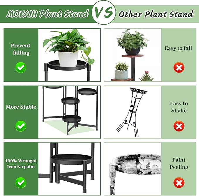MOKANI Metal Plant Stand Indoor Outdoor for Multiple Plants, 6 Tiered Folding Corner Shelf Tall Flower Pot Holder Display Rack for Patio Living Room Balcony Garden, Black-VerdiqueGarden