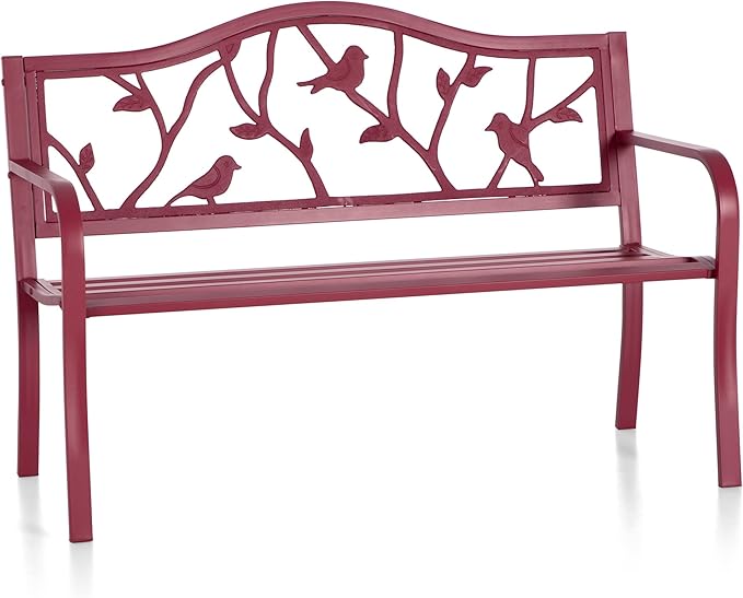 PHI VILLA Outdoor Patio 50" Metal Park Bench Red, Steel Frame Bench with Backrest and Armrests for Porch, Patio, Garden, Lawn, Balcony, Red Bird-VerdiqueGarden