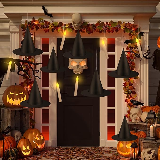 80 Pcs Halloween Hanging Witch Hats and Taper Floating Candles Set Includes 12 Witch Hats 12 LED Floating Candles Lights 56 3D Bats Wall Stickers for Halloween Decoration Front Porch Yard Decor-VerdiqueGarden