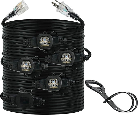 30FT 14 Gauge Multi Outlet Extension Cord, 5 Evenly Spaced Weatherproof Outlets, Great for Stage Backdrops, Landscape Garden Lighting，Christmas Decorations ETL-VerdiqueGarden