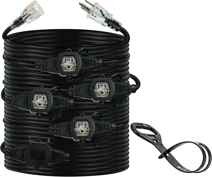 30FT 14 Gauge Multi Outlet Extension Cord, 5 Evenly Spaced Weatherproof Outlets, Great for Stage Backdrops, Landscape Garden Lighting，Christmas Decorations ETL-VerdiqueGarden