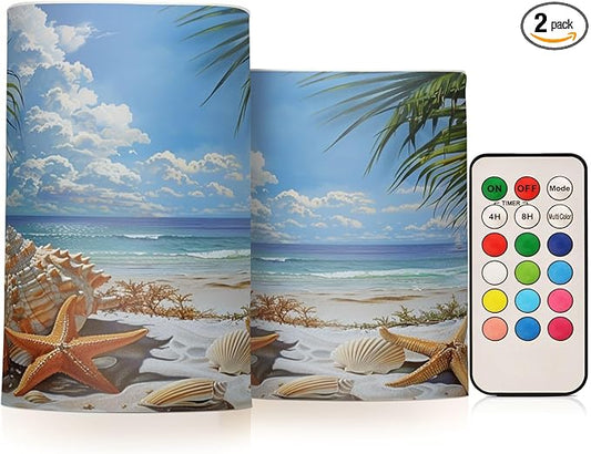 Flickering Flameless Candles, Starfish Seashell Beach Palm LED Candles with Remote Timer, Set of 2 Battery Operated Candle for Valentine Wedding Birthday-VerdiqueGarden