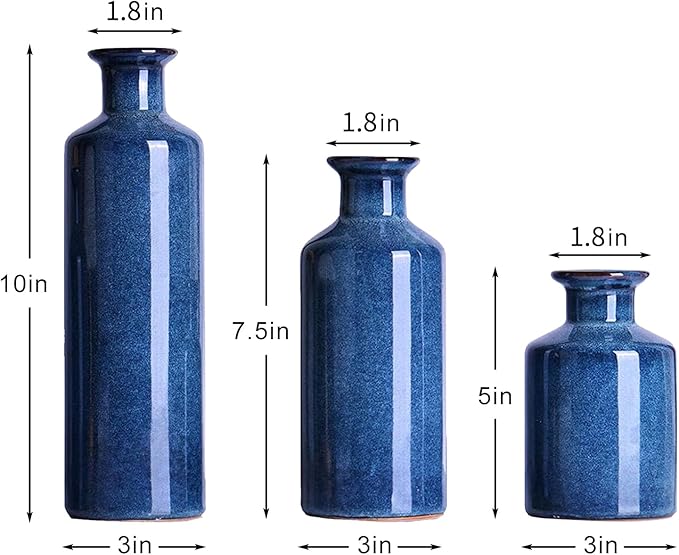 Blue Ceramic Vase Set of 3,Home Decorative Flower Vase,Small vase Set for Farmhouse Living Room Bedroom Tabletop Decor,Office Bookshelf Centerpiece Entrance Decoration-VerdiqueGarden
