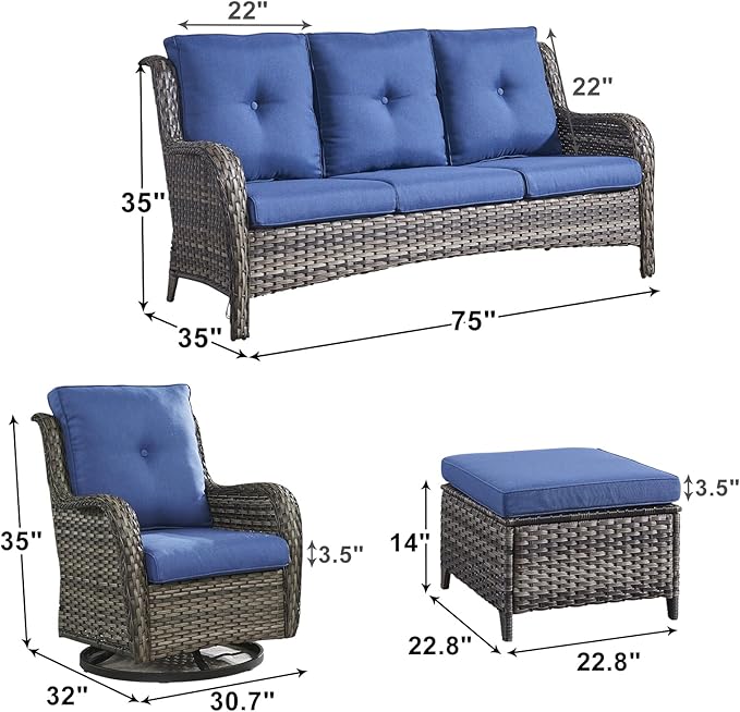Outdoor Wicker Patio Furniture Set - 5 Piece Rattan Patio Conversation Set with 2 Rocking Swivel Chairs,2 Ottomans and 1 Sofa for Porch Deck Backyard Garden(Mixed Grey/Blue)-VerdiqueGarden