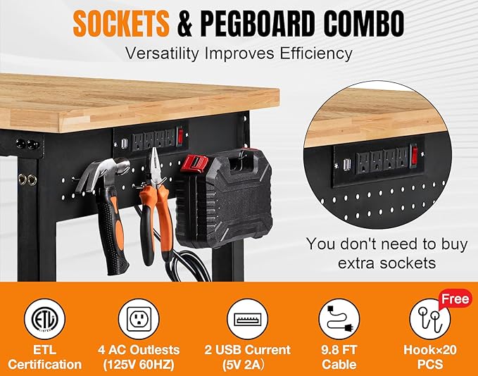 96”Adjustable Work Bench, 5000 LBS Capacity Heavy Duty Workbench with Power Outlet & Pegboard, Rubber Wood Work Table for Garage, Workshop, Office, Home-VerdiqueGarden