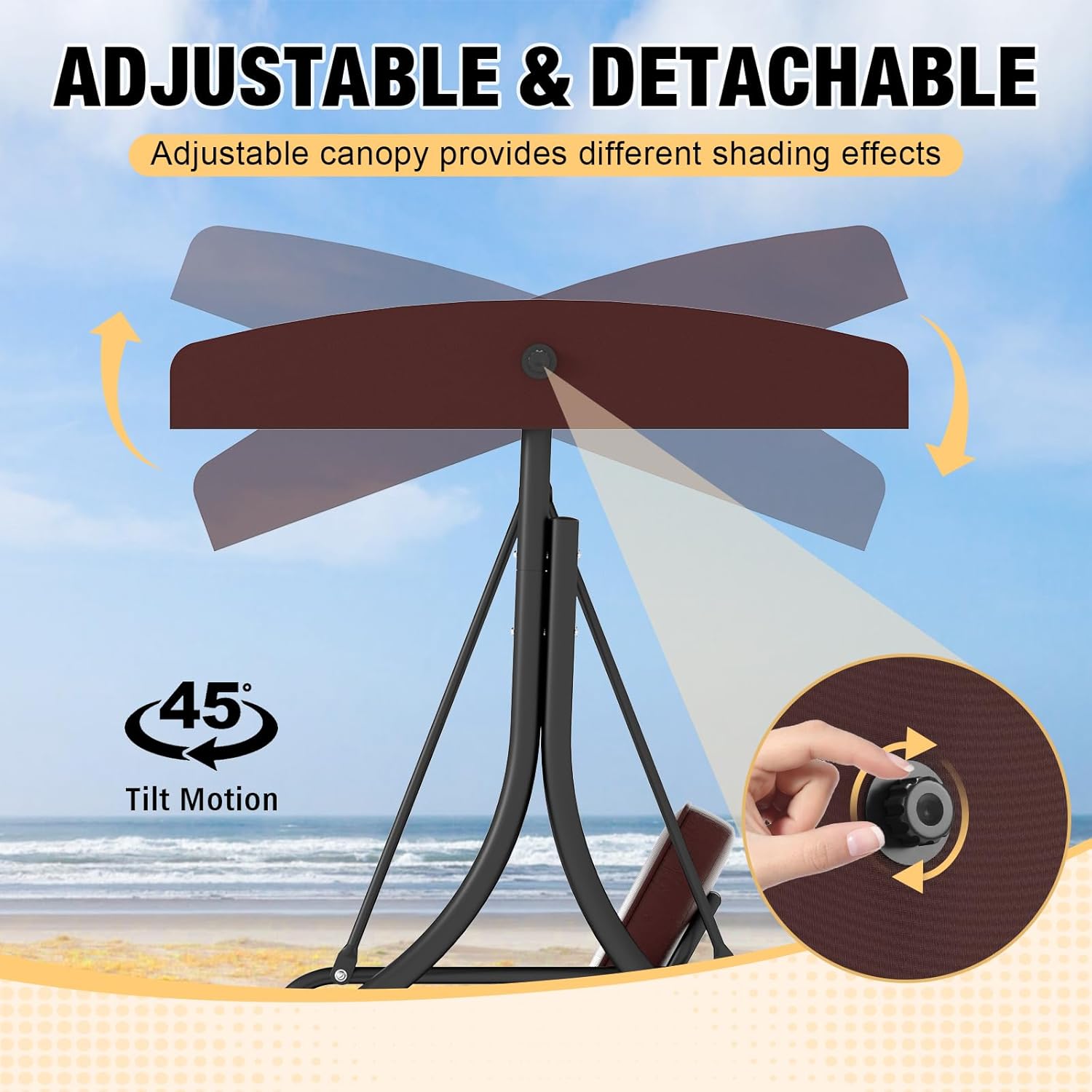 3 in 1 Porch Swing Chair with Adjustable Canopy Cover & Replacement Cushions, 3 Seat Patio Swings Bed with Heavy Duty Stand for Outdoor Backyard, Pools, Garden, Brown-VerdiqueGarden